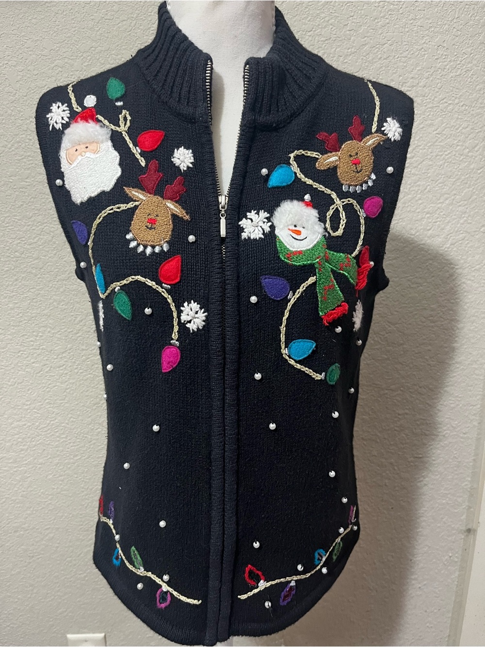 Vintage Ambra Full-Zip Ugly Christmas Sweater Vest Black Knit Small / Medium
